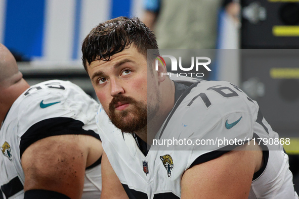 DETROIT,MICHIGAN-November 17: Jacksonville Jaguars guard Ezra Cleveland (76) is seen during the first half of an NFL football game between t...