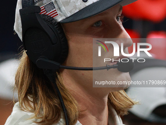 DETROIT,MICHIGAN-November 17: Jacksonville Jaguars quarterback Trevor Lawrence (16) looks on from the sideline during the first half of an N...