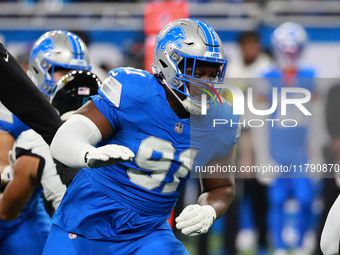 DETROIT,MICHIGAN-November 17: Detroit Lions defensive end Levi Onwuzurike (91) is seen during the first half of an NFL football game between...