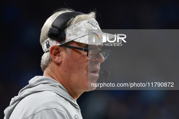 DETROIT,MICHIGAN-November 17: Jacksonville Jaguars head coach Doug Pederson follows the play during the first half of an NFL football game b...