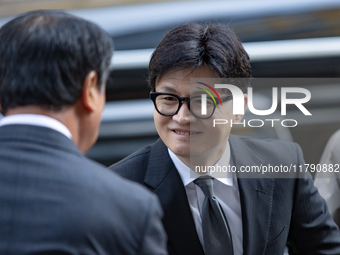 Han Dong-hoon, leader of the People Power Party, arrives at the Korean Federation of Trade Unions headquarters in Yeouido for a meeting with...