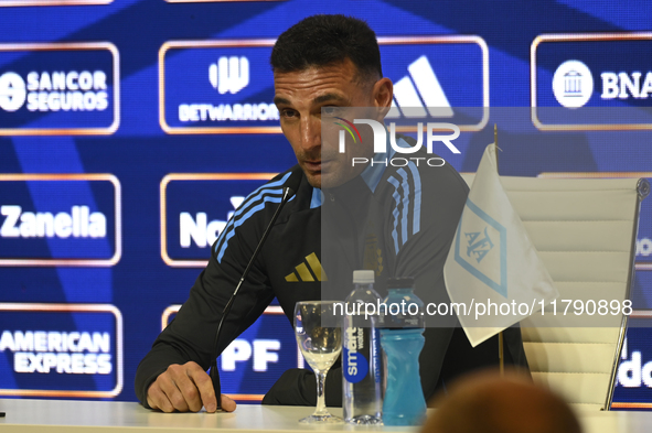 In Buenos Aires, Argentina, on November 18, 2024, the head coach of the Argentina National Team, Lionel Scaloni, speaks at a press conferenc...