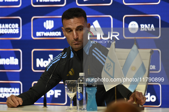 In Buenos Aires, Argentina, on November 18, 2024, the head coach of the Argentina National Team, Lionel Scaloni, speaks at a press conferenc...