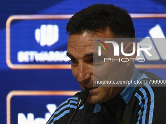 In Buenos Aires, Argentina, on November 18, 2024, the head coach of the Argentina National Team, Lionel Scaloni, speaks at a press conferenc...