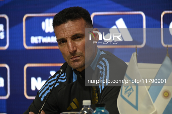 In Buenos Aires, Argentina, on November 18, 2024, the head coach of the Argentina National Team, Lionel Scaloni, speaks at a press conferenc...