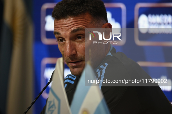 In Buenos Aires, Argentina, on November 18, 2024, the head coach of the Argentina National Team, Lionel Scaloni, speaks at a press conferenc...