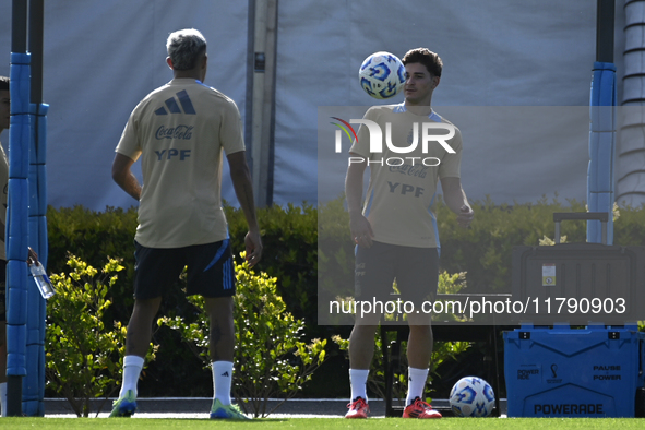 In Ezeiza, Buenos Aires, on November 18, 2024, Julian Alvarez, a player of the Argentina National Team, controls the ball during a training...