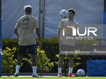 In Ezeiza, Buenos Aires, on November 18, 2024, Julian Alvarez, a player of the Argentina National Team, controls the ball during a training...