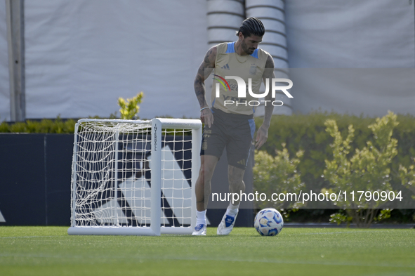 In Ezeiza, Buenos Aires, on November 18, 2024, Rodrigo De Paul, a player of the Argentina National Team, controls the ball during a training...