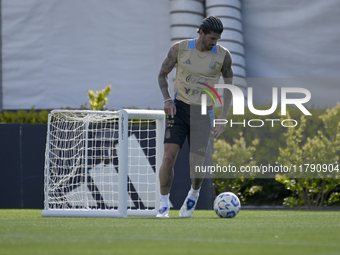 In Ezeiza, Buenos Aires, on November 18, 2024, Rodrigo De Paul, a player of the Argentina National Team, controls the ball during a training...