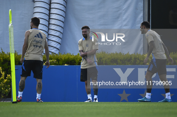 In Ezeiza, Buenos Aires, on November 18, 2024, Lionel Messi, a player of the Argentina National Team, looks on during a training session at...