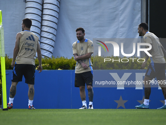 In Ezeiza, Buenos Aires, on November 18, 2024, Lionel Messi, a player of the Argentina National Team, looks on during a training session at...