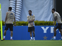 In Ezeiza, Buenos Aires, on November 18, 2024, Lionel Messi, a player of the Argentina National Team, looks on during a training session at...