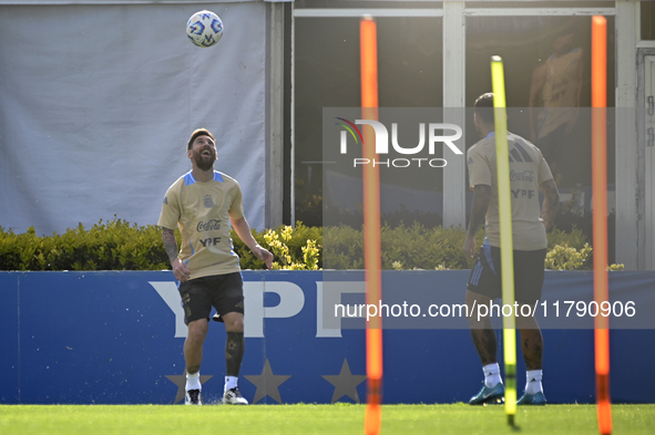 In Ezeiza, Buenos Aires, on November 18, 2024, Lionel Messi, a player of the Argentina National Team, controls the ball during a training se...