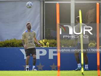 In Ezeiza, Buenos Aires, on November 18, 2024, Lionel Messi, a player of the Argentina National Team, controls the ball during a training se...