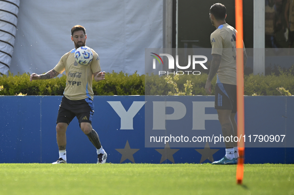 In Ezeiza, Buenos Aires, on November 18, 2024, Lionel Messi, a player of the Argentina National Team, controls the ball during a training se...