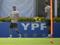 In Ezeiza, Buenos Aires, on November 18, 2024, Lionel Messi, a player of the Argentina National Team, controls the ball during a training se...