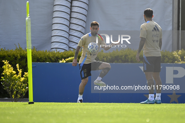 In Ezeiza, Buenos Aires, on November 18, 2024, Lionel Messi, a player of the Argentina National Team, controls the ball during a training se...