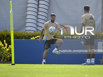 In Ezeiza, Buenos Aires, on November 18, 2024, Lionel Messi, a player of the Argentina National Team, controls the ball during a training se...