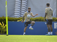 In Ezeiza, Buenos Aires, on November 18, 2024, Lionel Messi, a player of the Argentina National Team, controls the ball during a training se...