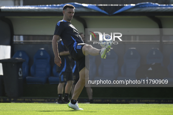 In Ezeiza, Buenos Aires, on November 18, 2024, Lionel Scaloni, a player of the Argentina National Team, controls the ball during a training...