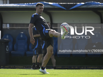 In Ezeiza, Buenos Aires, on November 18, 2024, Lionel Scaloni, a player of the Argentina National Team, controls the ball during a training...