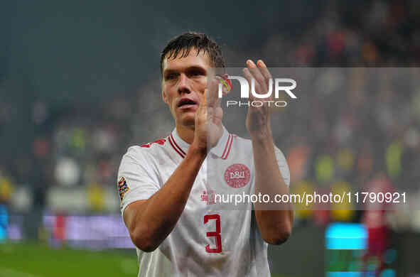 Jannik Vestergaard of Denmark  gestures during the Nations League Round 6 match between Serbia qnd Denmark at Dubocica Stadium, Leskovac, Se...