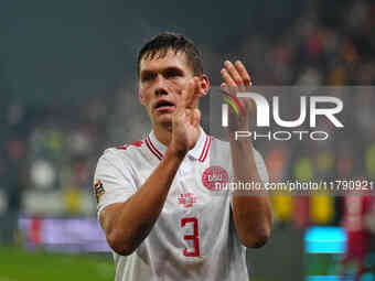 Jannik Vestergaard of Denmark  gestures during the Nations League Round 6 match between Serbia qnd Denmark at Dubocica Stadium, Leskovac, Se...