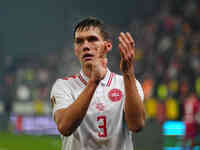 Jannik Vestergaard of Denmark  gestures during the Nations League Round 6 match between Serbia qnd Denmark at Dubocica Stadium, Leskovac, Se...