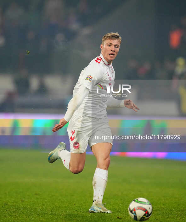 Rasmus Hoejlund of Denmark  controls the ball during the Nations League Round 6 match between Serbia qnd Denmark at Dubocica Stadium, Leskov...