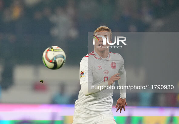 Rasmus Hoejlund of Denmark  controls the ball during the Nations League Round 6 match between Serbia qnd Denmark at Dubocica Stadium, Leskov...