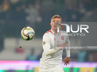 Rasmus Hoejlund of Denmark  controls the ball during the Nations League Round 6 match between Serbia qnd Denmark at Dubocica Stadium, Leskov...