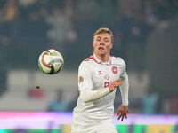 Rasmus Hoejlund of Denmark  controls the ball during the Nations League Round 6 match between Serbia qnd Denmark at Dubocica Stadium, Leskov...