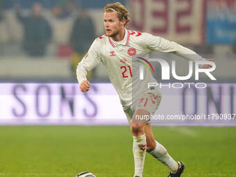 Morten Hjulmand of Denmark  controls the ball during the Nations League Round 6 match between Serbia qnd Denmark at Dubocica Stadium, Leskov...