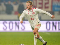 Morten Hjulmand of Denmark  controls the ball during the Nations League Round 6 match between Serbia qnd Denmark at Dubocica Stadium, Leskov...