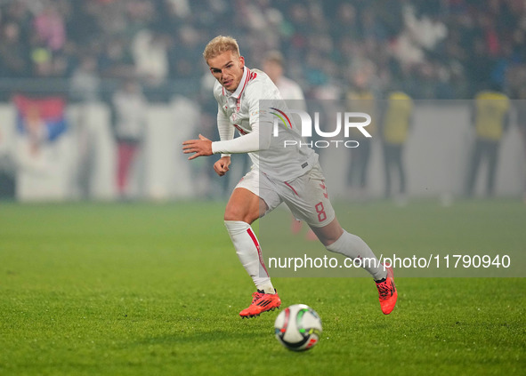 Gustav Isaksen of Denmark  controls the ball during the Nations League Round 6 match between Serbia qnd Denmark at Dubocica Stadium, Leskova...