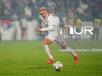 Gustav Isaksen of Denmark  controls the ball during the Nations League Round 6 match between Serbia qnd Denmark at Dubocica Stadium, Leskova...