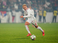 Gustav Isaksen of Denmark  controls the ball during the Nations League Round 6 match between Serbia qnd Denmark at Dubocica Stadium, Leskova...