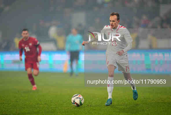 Mikkel Damsgaard of Denmark  controls the ball during the Nations League Round 6 match between Serbia qnd Denmark at Dubocica Stadium, Lesko...