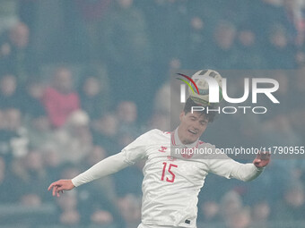 Christian Noergaard of Denmark  heads during the Nations League Round 6 match between Serbia qnd Denmark at Dubocica Stadium, Leskovac, Serb...