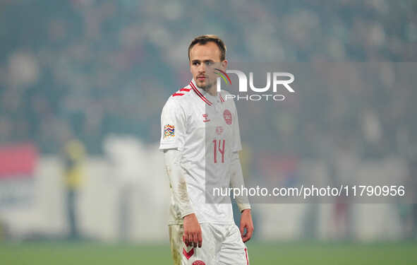 Mikkel Damsgaard of Denmark  looks on during the Nations League Round 6 match between Serbia qnd Denmark at Dubocica Stadium, Leskovac, Serb...