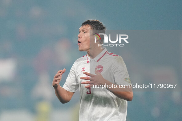 Jannik Vestergaard of Denmark  looks on during the Nations League Round 6 match between Serbia qnd Denmark at Dubocica Stadium, Leskovac, Se...