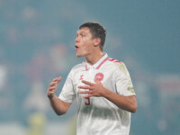 Jannik Vestergaard of Denmark  looks on during the Nations League Round 6 match between Serbia qnd Denmark at Dubocica Stadium, Leskovac, Se...