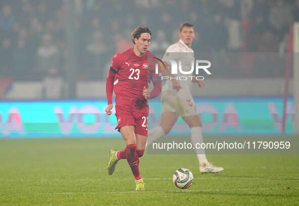 Dusan Vlahovic of Serbia  controls the ball during the Nations League Round 6 match between Serbia qnd Denmark at Dubocica Stadium, Leskovac...