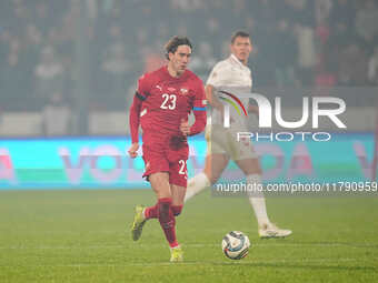 Dusan Vlahovic of Serbia  controls the ball during the Nations League Round 6 match between Serbia qnd Denmark at Dubocica Stadium, Leskovac...