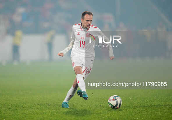 Mikkel Damsgaard of Denmark  controls the ball during the Nations League Round 6 match between Serbia qnd Denmark at Dubocica Stadium, Lesko...