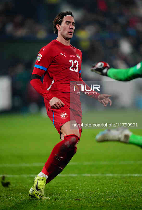 Dusan Vlahovic of Serbia  looks on during the Nations League Round 6 match between Serbia qnd Denmark at Dubocica Stadium, Leskovac, Serbia...