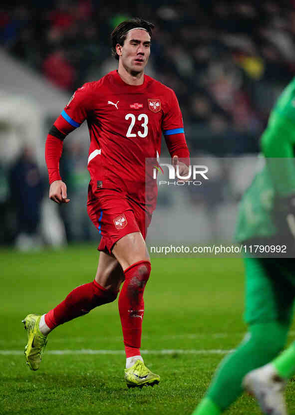 Dusan Vlahovic of Serbia  looks on during the Nations League Round 6 match between Serbia qnd Denmark at Dubocica Stadium, Leskovac, Serbia...