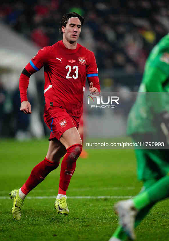 Dusan Vlahovic of Serbia  looks on during the Nations League Round 6 match between Serbia qnd Denmark at Dubocica Stadium, Leskovac, Serbia...