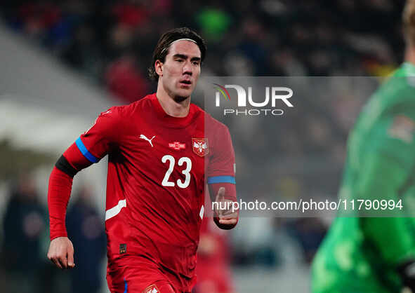 Dusan Vlahovic of Serbia  looks on during the Nations League Round 6 match between Serbia qnd Denmark at Dubocica Stadium, Leskovac, Serbia...